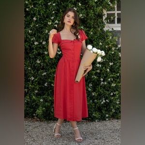 Gaala Estelle Midi Dress Red Linen Lace  Button Front Cinched Waist Square Neck